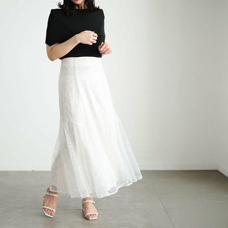 大きいサイズ レディース スパンコールチュールチェックフレアスカート