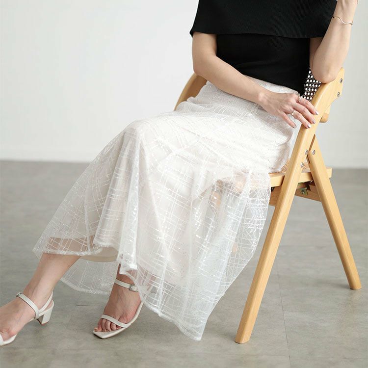 大きいサイズ レディース スパンコールチュールチェックフレアスカート