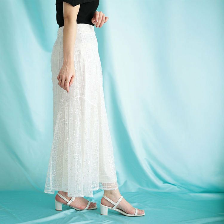 大きいサイズ レディース スパンコールチュールチェックフレアスカート