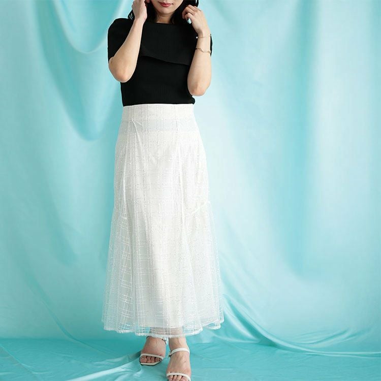 大きいサイズ レディース スパンコールチュールチェックフレアスカート