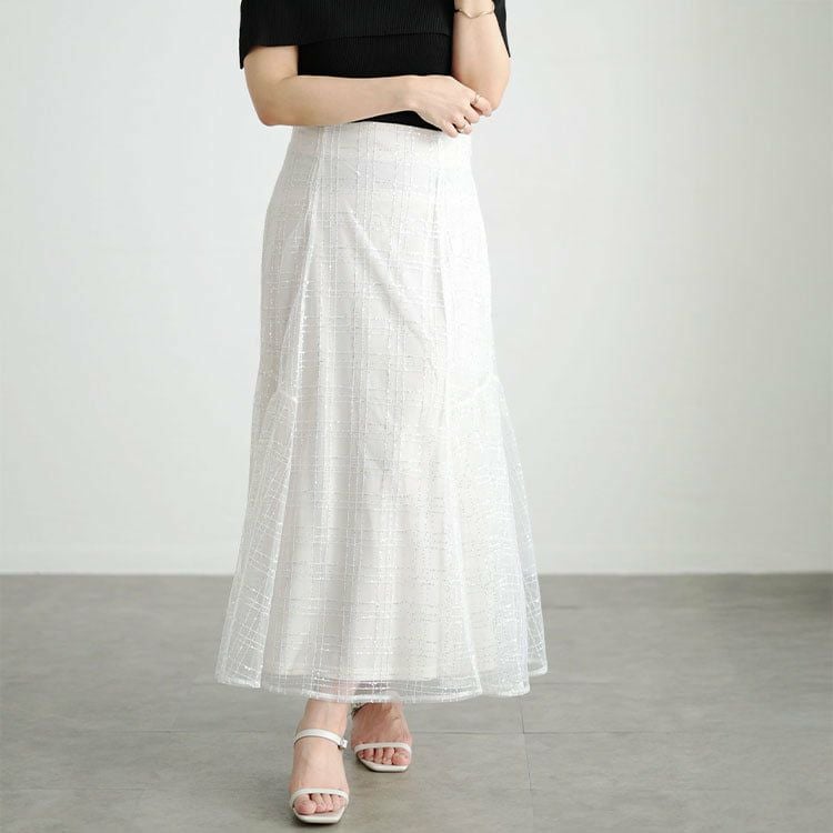 大きいサイズ レディース スパンコールチュールチェックフレアスカート