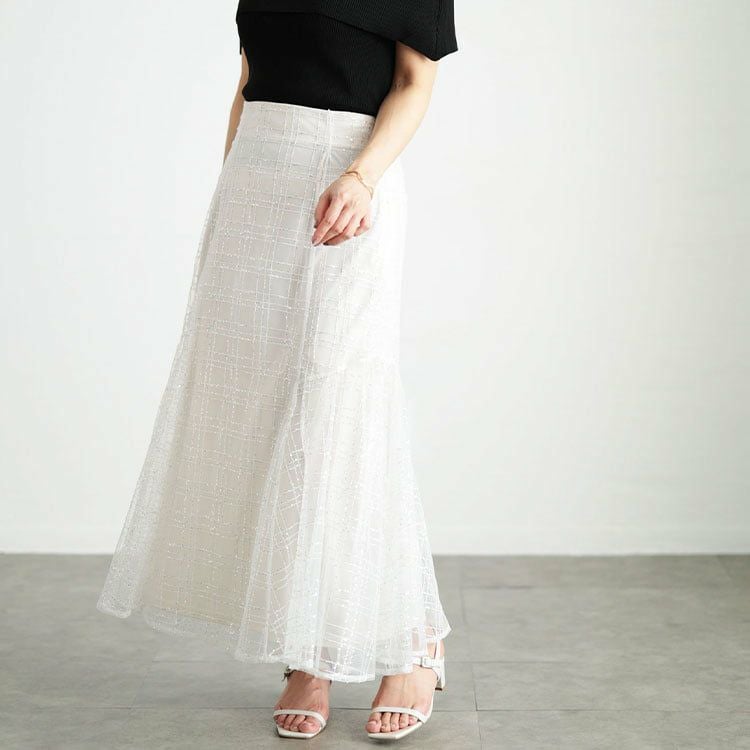 大きいサイズ レディース スパンコールチュールチェックフレアスカート