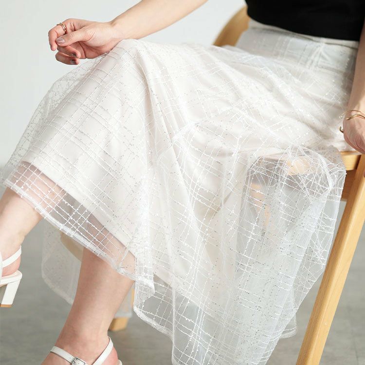 大きいサイズ レディース スパンコールチュールチェックフレアスカート