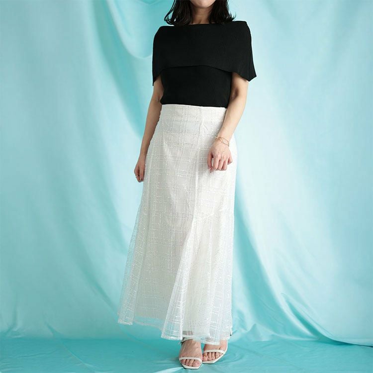 大きいサイズ レディース スパンコールチュールチェックフレアスカート