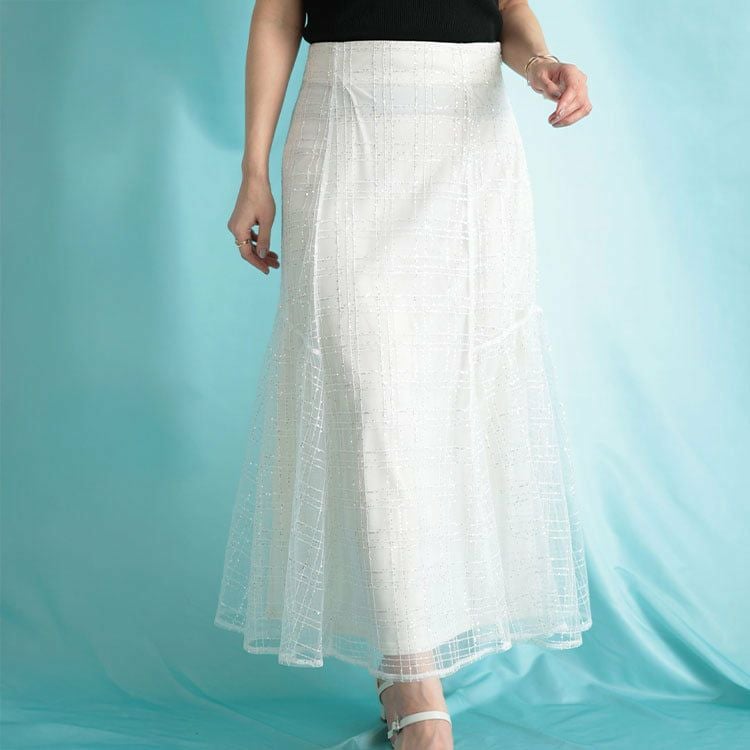 大きいサイズ レディース スパンコールチュールチェックフレアスカート アイボリー