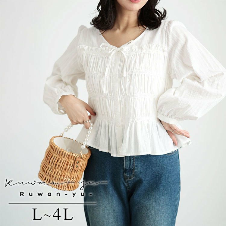 大きいサイズ レディース リボンネックシャーリングコットンブラウス
