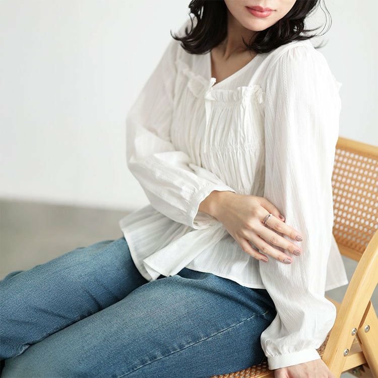 大きいサイズ レディース リボンネックシャーリングコットンブラウス