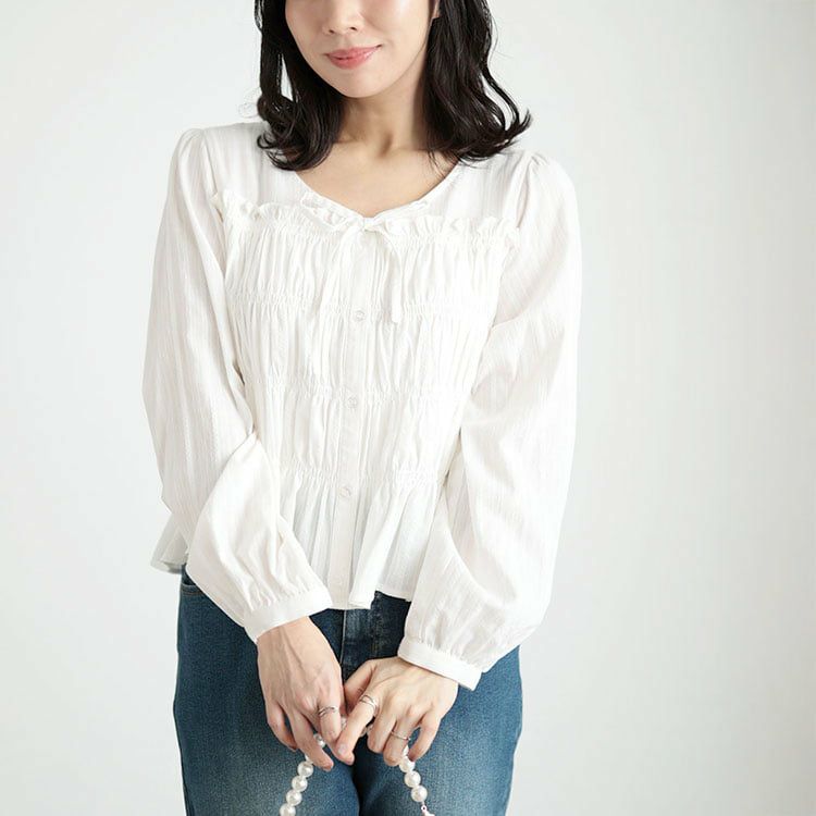 大きいサイズ レディース リボンネックシャーリングコットンブラウス