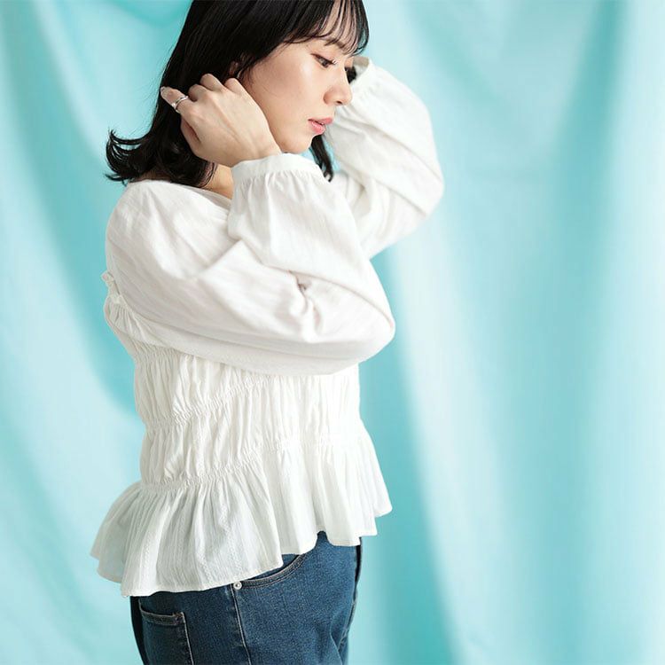 大きいサイズ レディース リボンネックシャーリングコットンブラウス