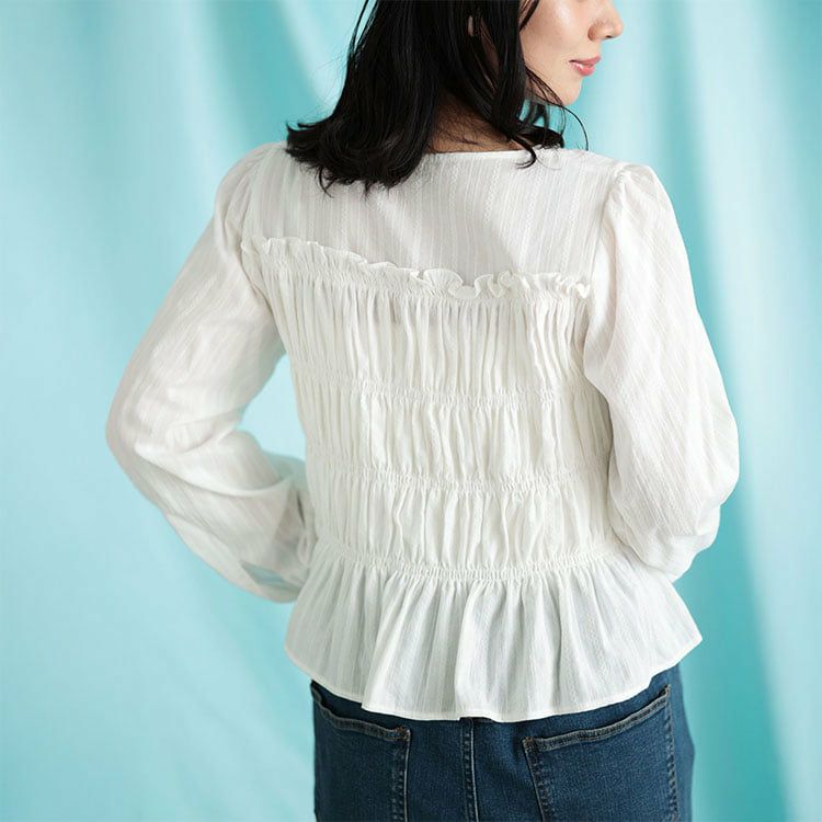 大きいサイズ レディース リボンネックシャーリングコットンブラウス
