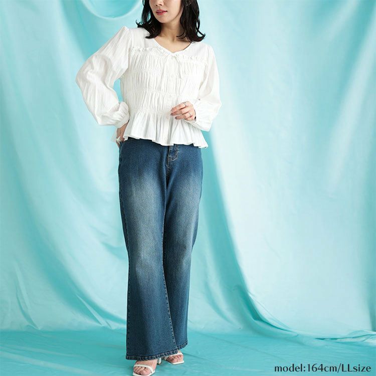 大きいサイズ レディース リボンネックシャーリングコットンブラウス