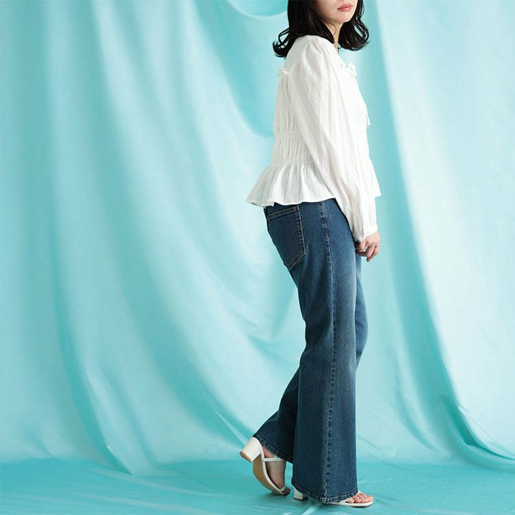 大きいサイズ レディース リボンネックシャーリングコットンブラウス