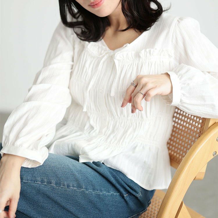 大きいサイズ レディース リボンネックシャーリングコットンブラウス