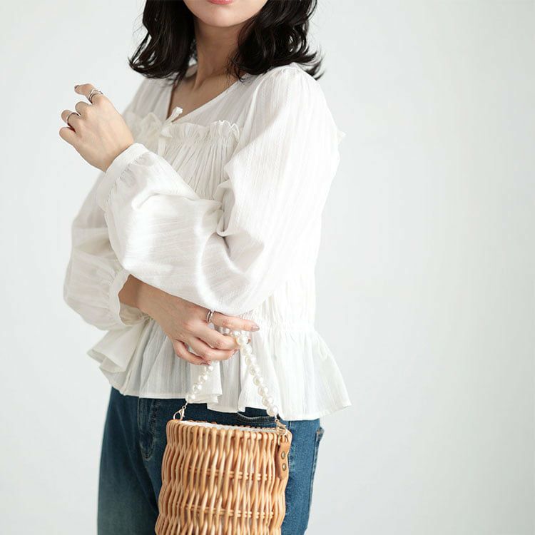 大きいサイズ レディース リボンネックシャーリングコットンブラウス