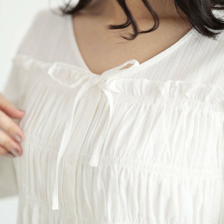 大きいサイズ レディース リボンネックシャーリングコットンブラウス