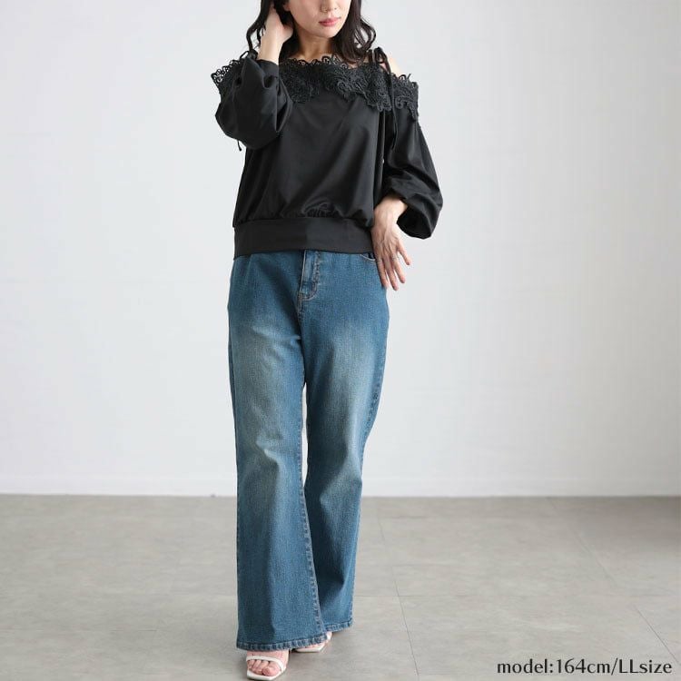 大きいサイズ レディース オフショルレースプルオーバー