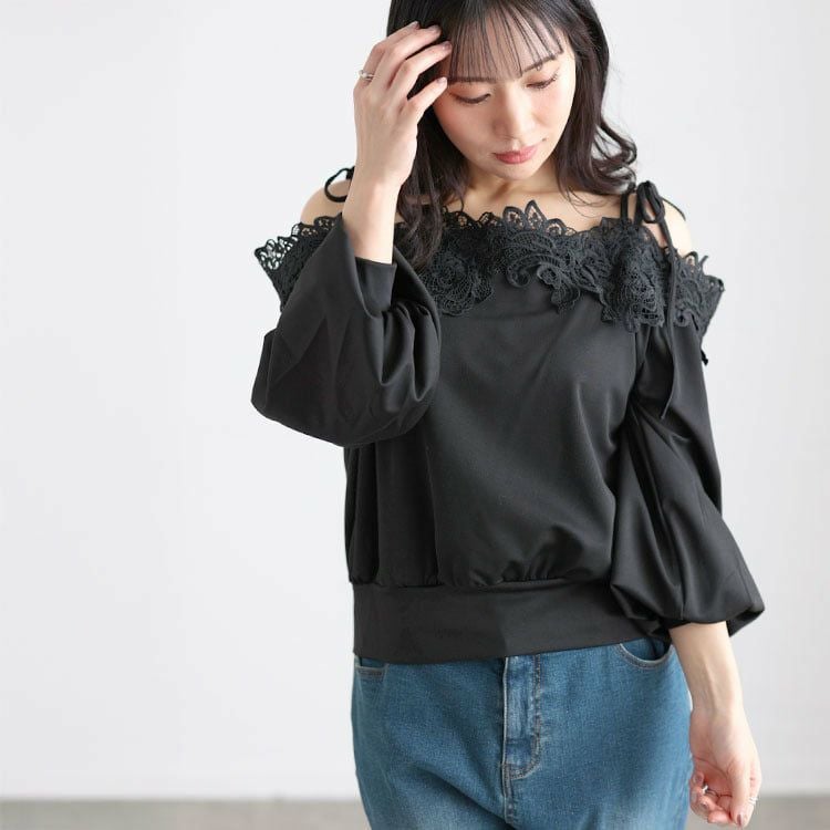 大きいサイズ レディース オフショルレースプルオーバー