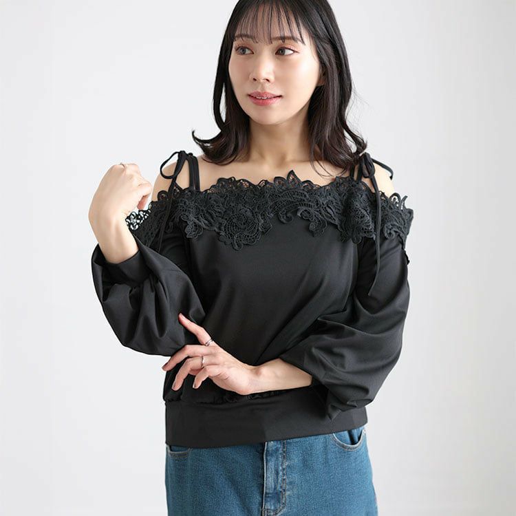 大きいサイズ レディース オフショルレースプルオーバー