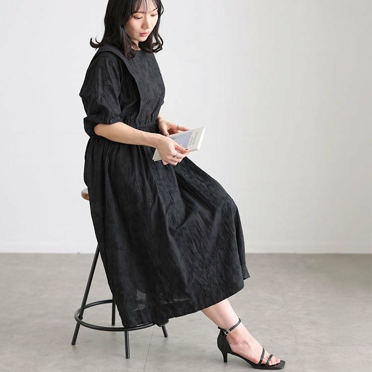 大きいサイズ レディース 花刺繍ショルダータックワンピース