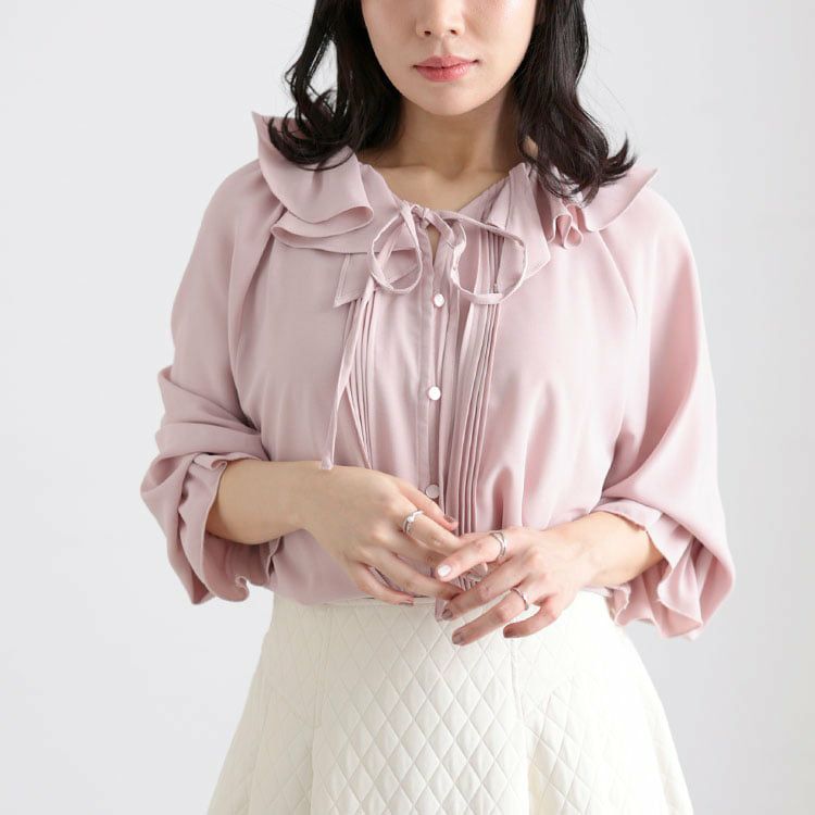 大きいサイズ レディース フリルネックリボンブラウス
