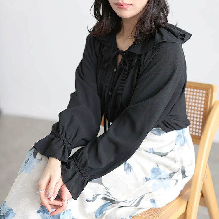 大きいサイズ レディース フリルネックリボンブラウス
