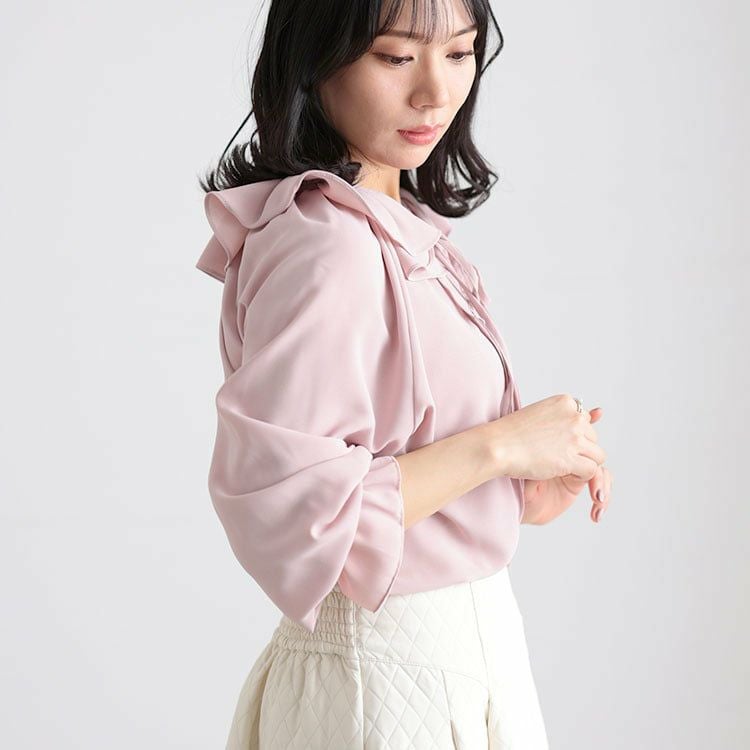 大きいサイズ レディース フリルネックリボンブラウス