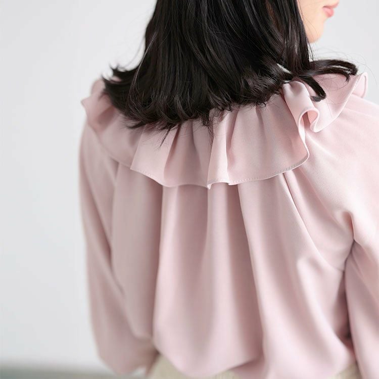 大きいサイズ レディース フリルネックリボンブラウス