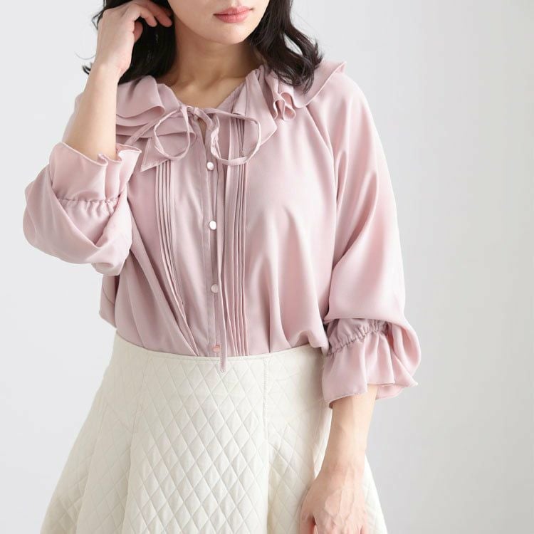 大きいサイズ レディース フリルネックリボンブラウス