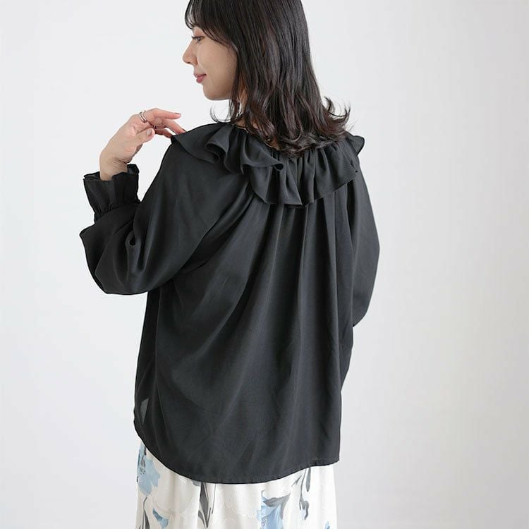 大きいサイズ レディース フリルネックリボンブラウス