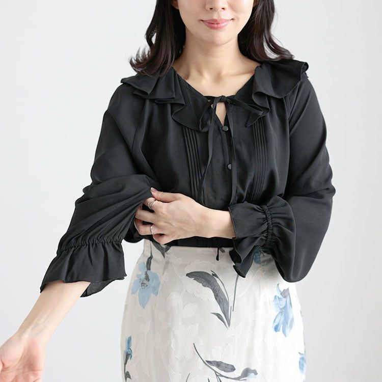 大きいサイズ レディース フリルネックリボンブラウス ブラック