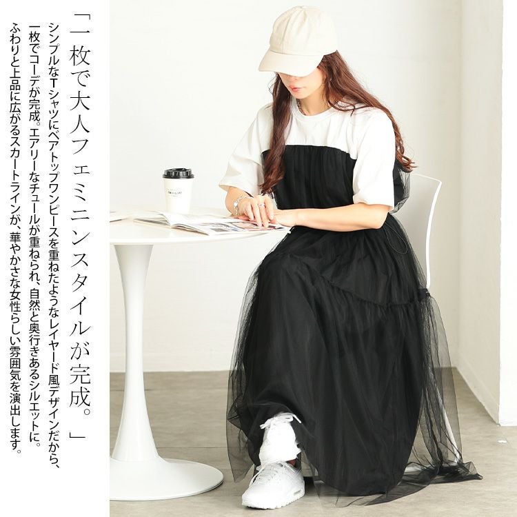 大きいサイズ レディース 接触冷感ドッキングチュールワンピース