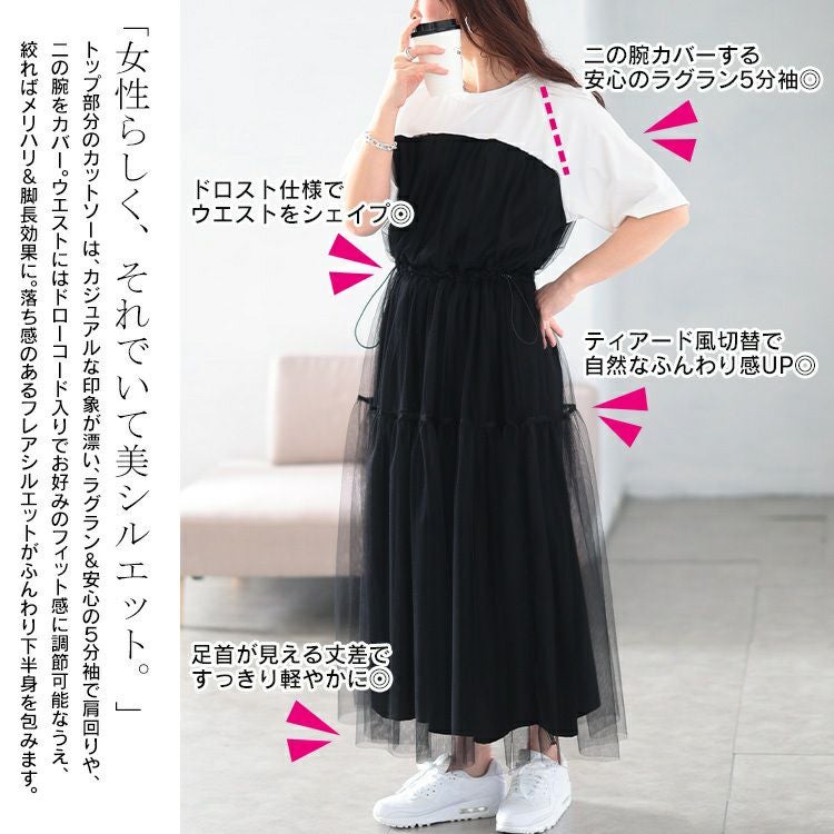 大きいサイズ レディース 接触冷感ドッキングチュールワンピース