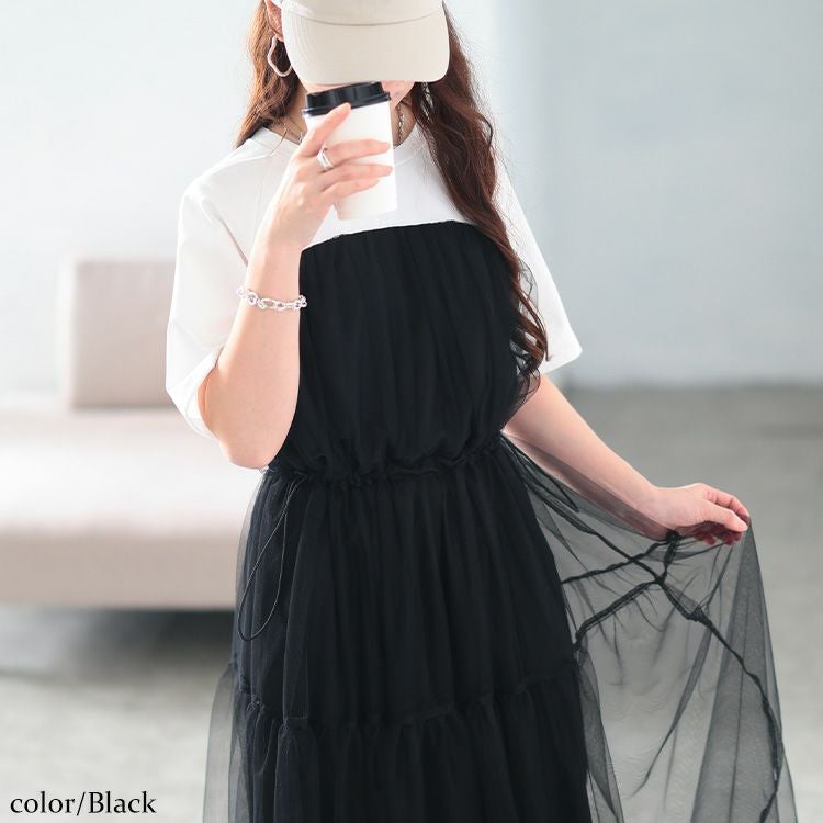 大きいサイズ レディース 接触冷感ドッキングチュールワンピース