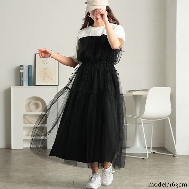 大きいサイズ レディース 接触冷感ドッキングチュールワンピース maru