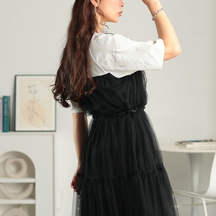 大きいサイズ レディース 接触冷感ドッキングチュールワンピース