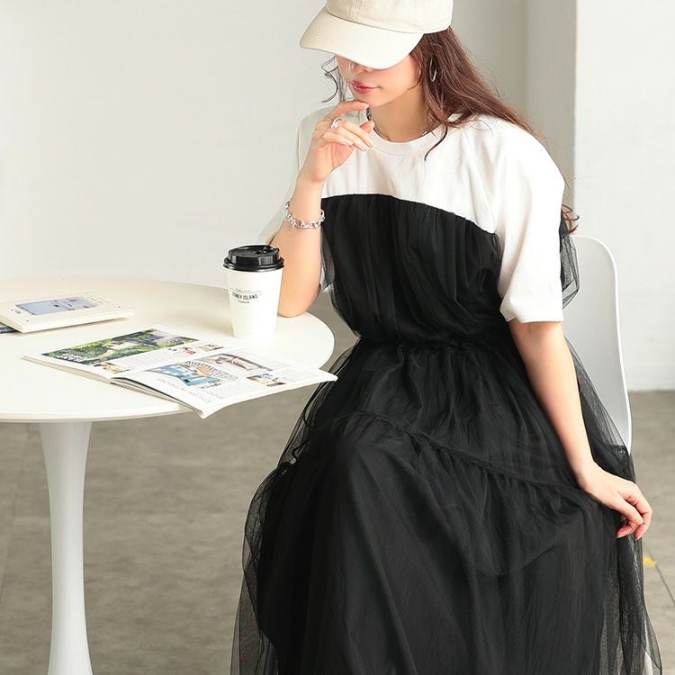 大きいサイズ レディース 接触冷感ドッキングチュールワンピース