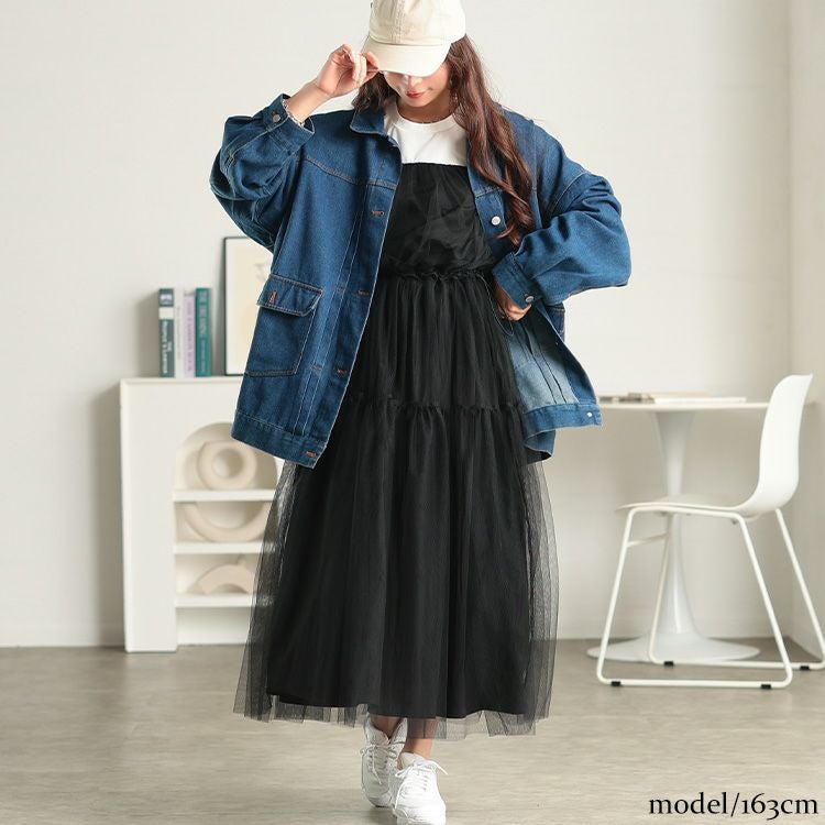 大きいサイズ レディース 接触冷感ドッキングチュールワンピース