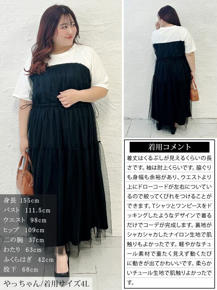 大きいサイズ レディース 接触冷感ドッキングチュールワンピース