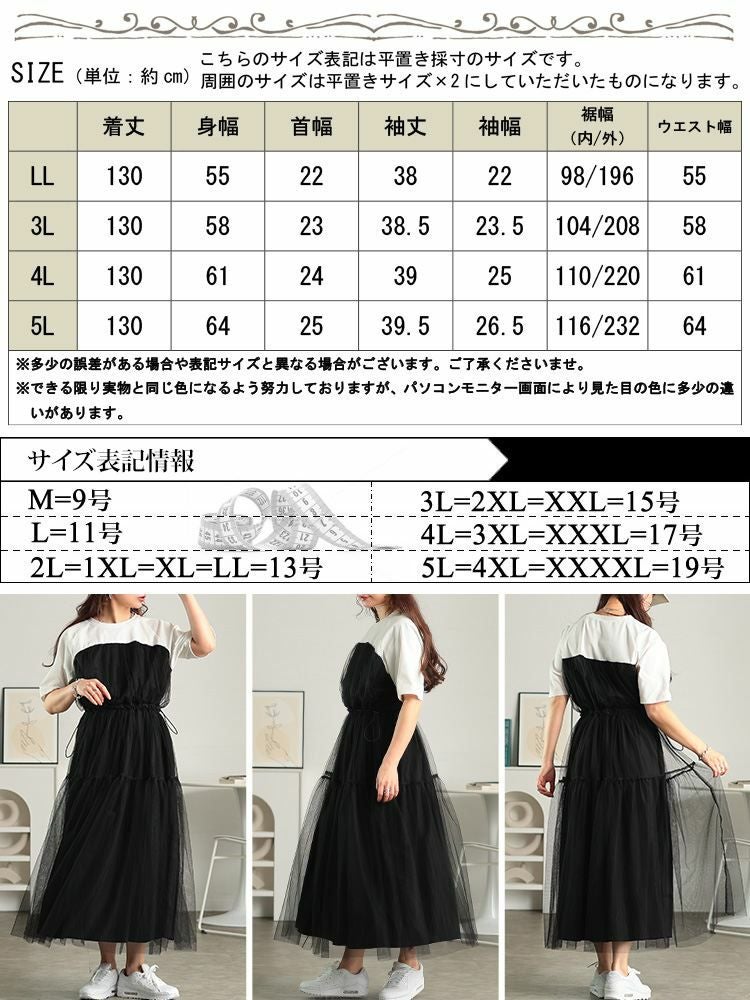 大きいサイズ レディース 接触冷感ドッキングチュールワンピース