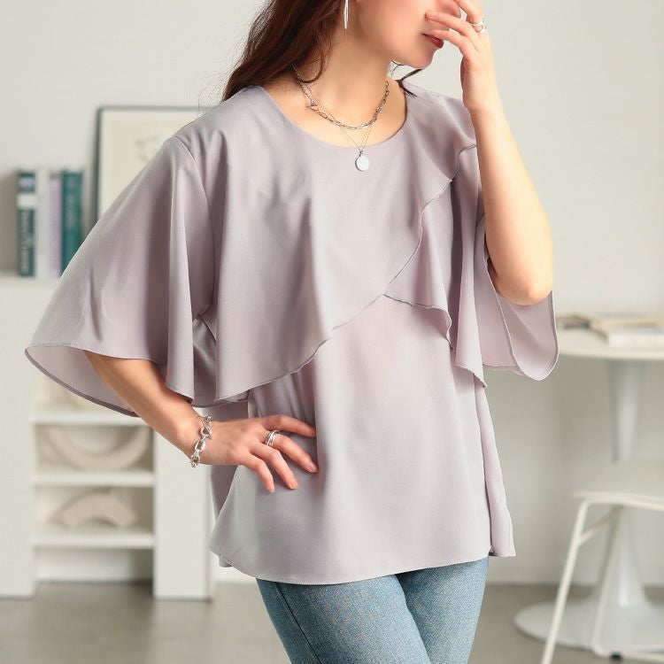 大きいサイズ レディース ケープレイヤードブラウス ライトグレー