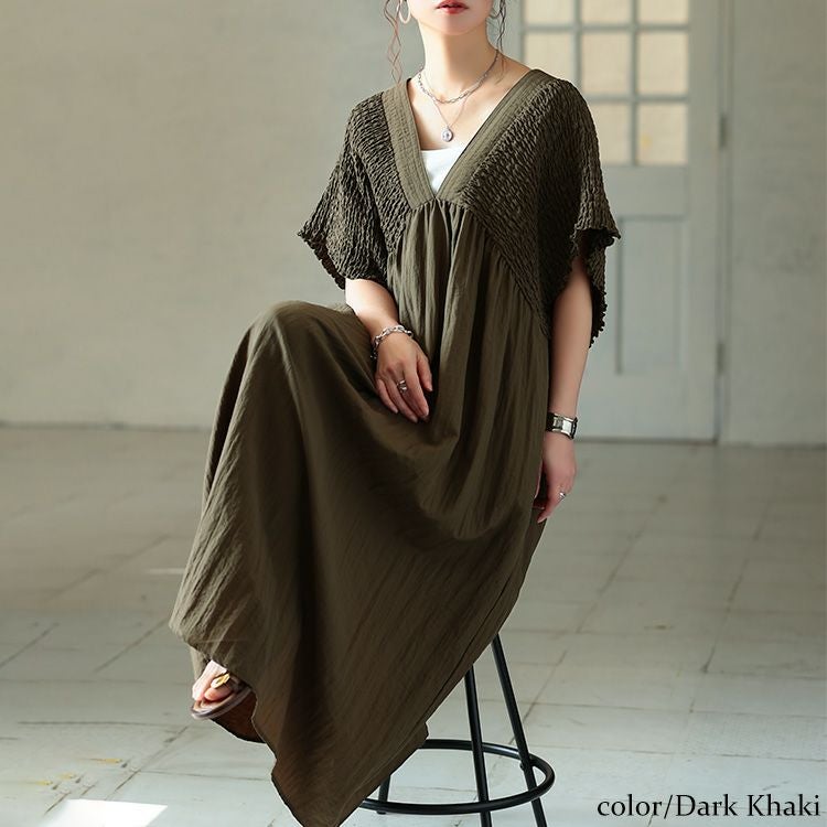 大きいサイズ レディース 接触冷感シャーリングバタフライ袖ワンピース