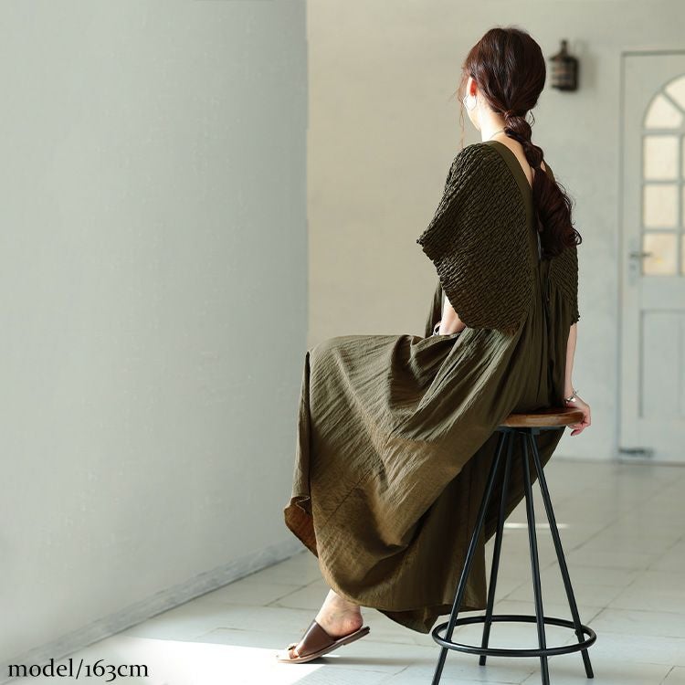 大きいサイズ レディース 接触冷感シャーリングバタフライ袖ワンピース