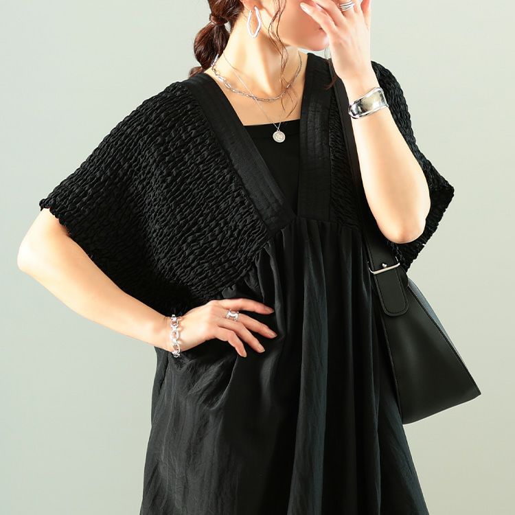 大きいサイズ レディース 接触冷感シャーリングバタフライ袖ワンピース