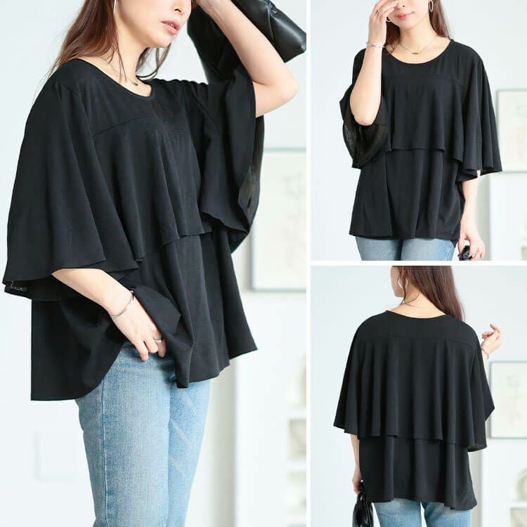 大きいサイズ レディース フレアレイヤードバタフライ袖プルオーバー