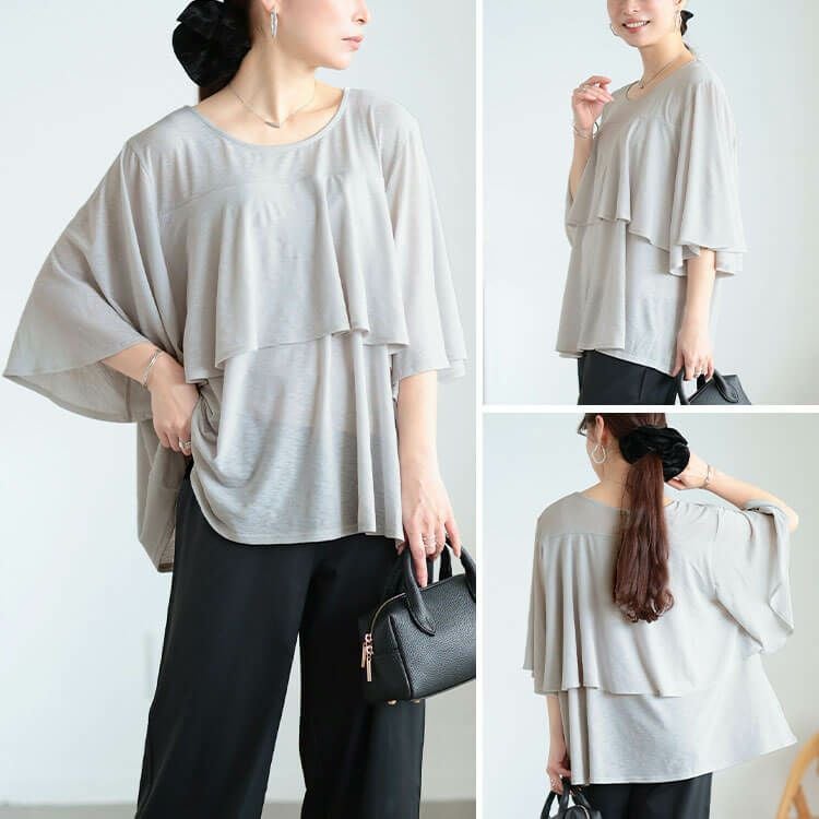 大きいサイズ レディース フレアレイヤードバタフライ袖プルオーバー