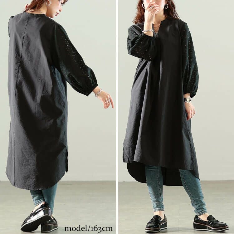 大きいサイズ レディース 接触冷感レース袖切り替えタックチュニック