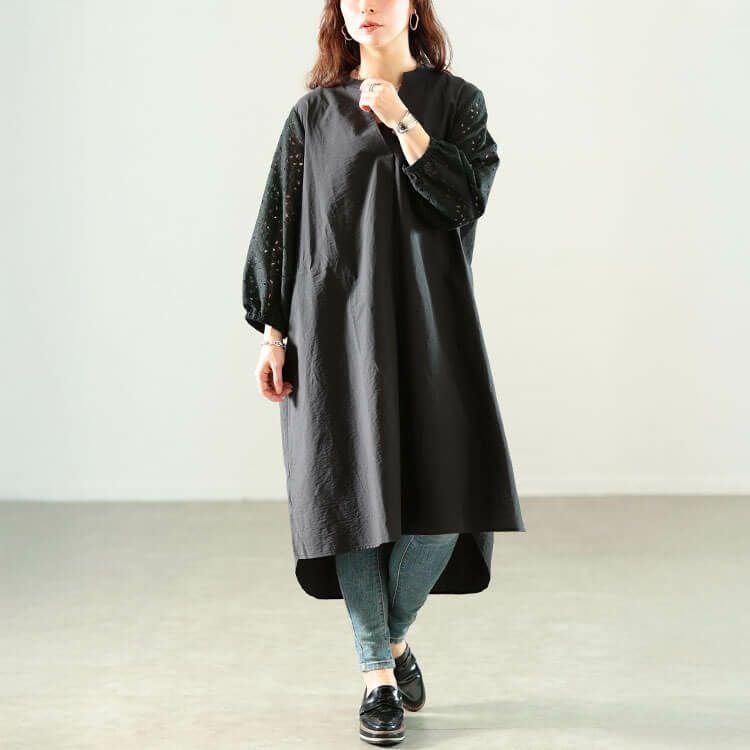 大きいサイズ レディース 接触冷感レース袖切り替えタックチュニック