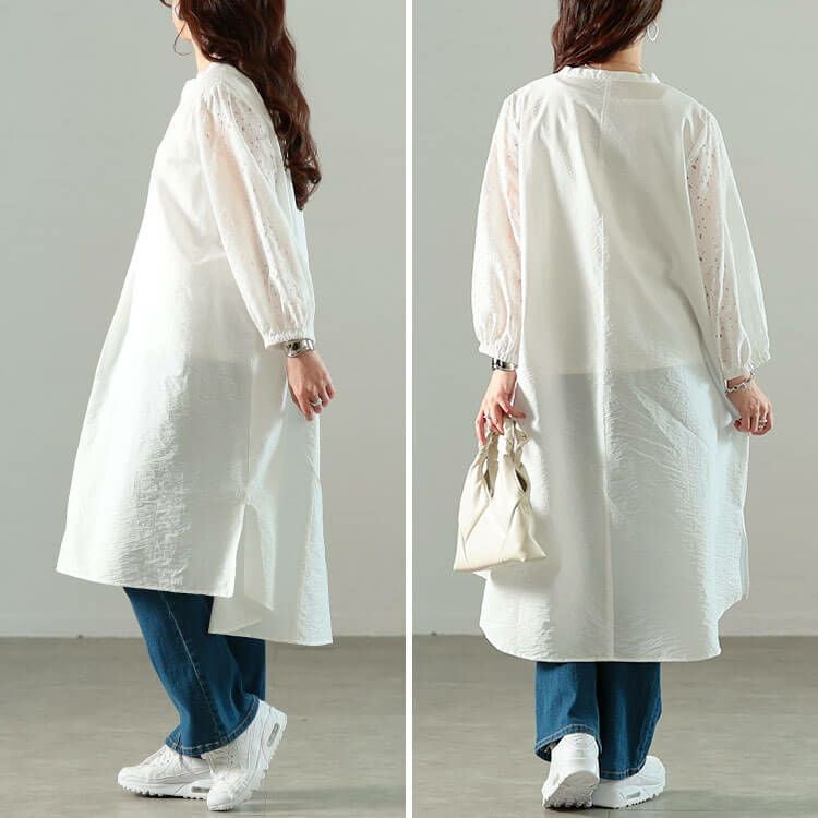 大きいサイズ レディース 接触冷感レース袖切り替えタックチュニック