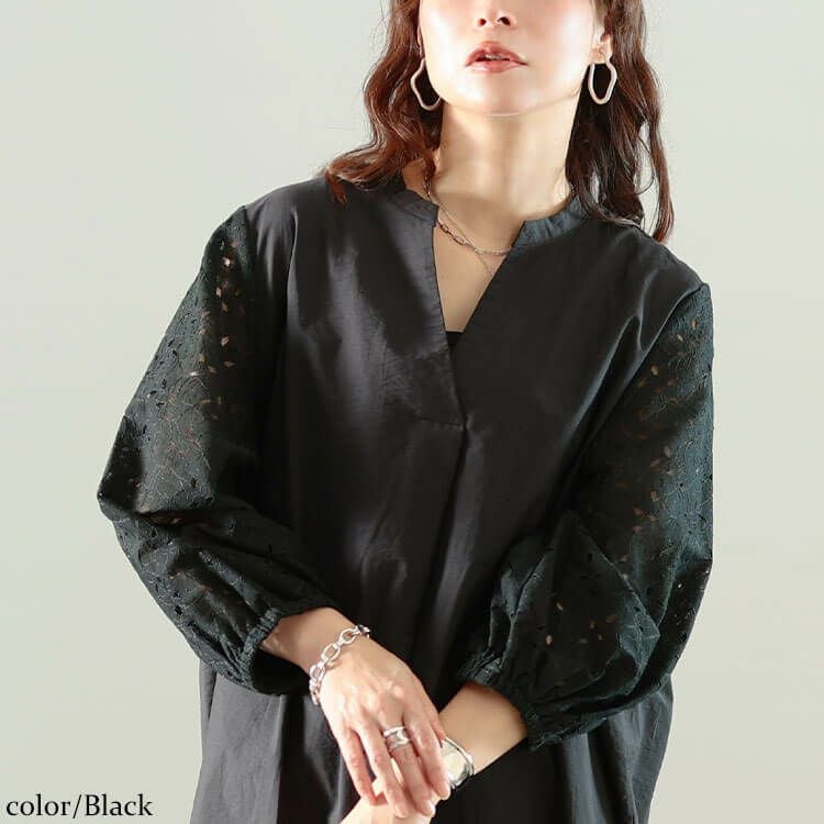 大きいサイズ レディース 接触冷感レース袖切り替えタックチュニック ブラック