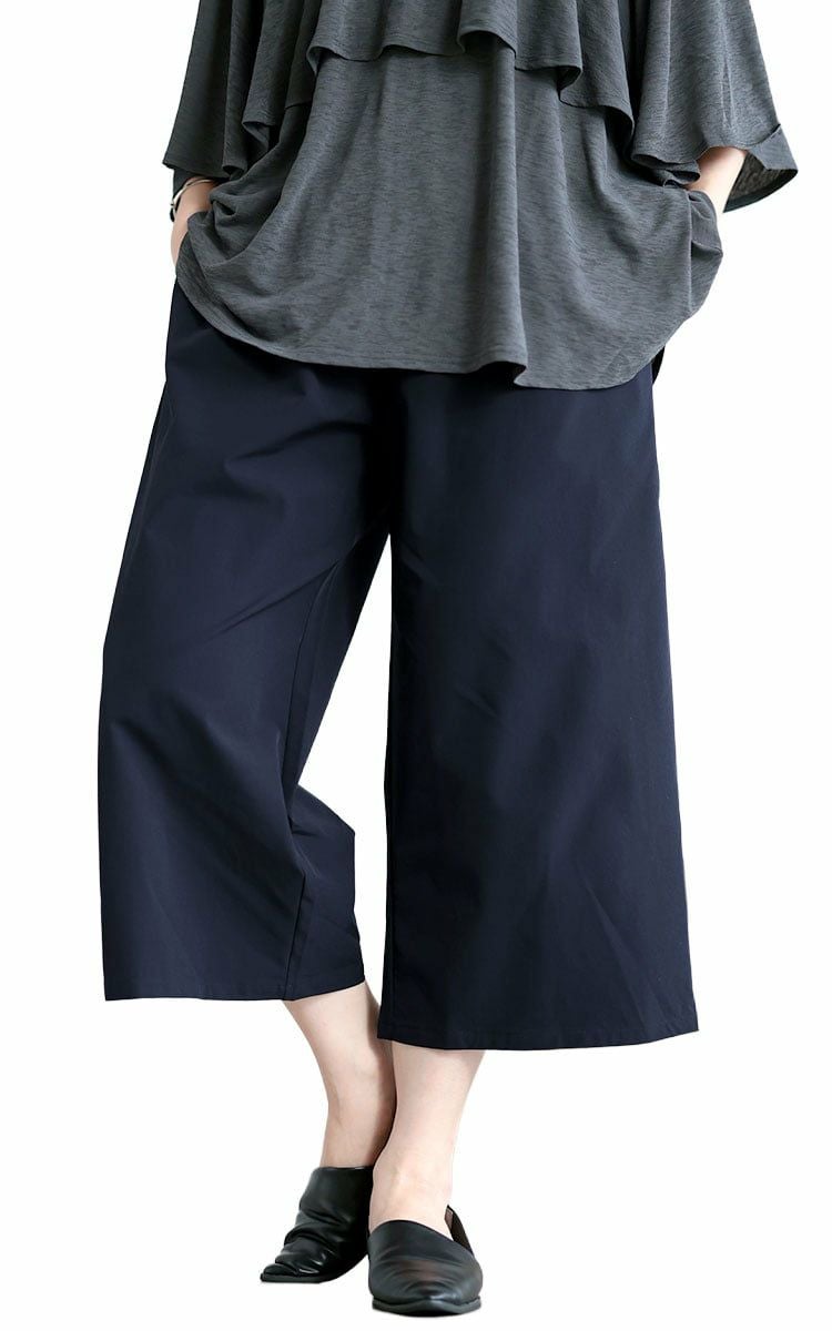 大きいサイズ レディース 軽量ストレッチクロップドワイドパンツ ネイビー